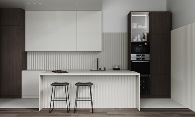 Minimalistic white kitchen interior design with sink, furniture, utensils and decor. 3d rendering illustration mockup.