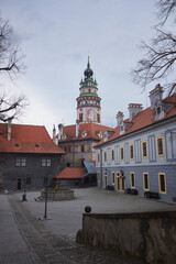 Fototapeta na wymiar Cesky krumlov castle tower, view from castle courtyard.