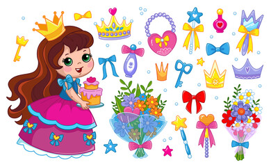 Little princess in a pink fluffy dress and a cake. Set of accessories, bags, crown, bouquet of flowers, beads, jewelry, perfume, cosmetics, mirror. Isolate vector illustration.
