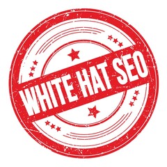 WHITE HAT SEO text on red round grungy stamp.
