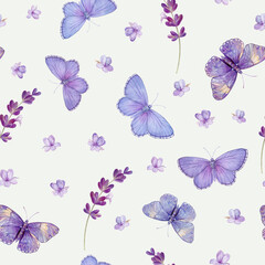 Obraz na płótnie Canvas Pattern with butterflies and lavender, watercolor illustration