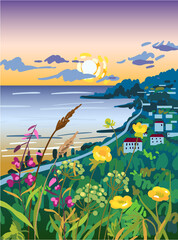 Summer sea landscape. Wildflowers, sea, houses and mountains.
