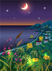 Summer sea landscape. Beautiful landscape with sea, wild flowers, houses and mountains.