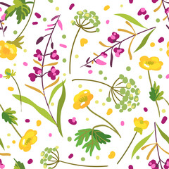 Wild flowers seamless pattern. Hand drawn vector illustration.