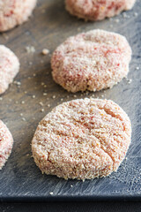 raw cutlet meat breadcrumbs pork, beef, lamb, chicken fresh cutlets healthy meal food snack diet on the table copy space food background rustic top view