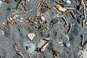 Beach pollution. Dirt and debris on the sand of the coast. Top view. Beach cleaning.