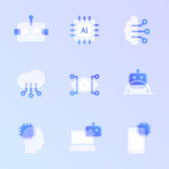artificial intellegence glass morphism trendy style icon set. transparent glass color vector icons with blur and purple gradient. for web and ui design, mobile apps and promo business polygraphy