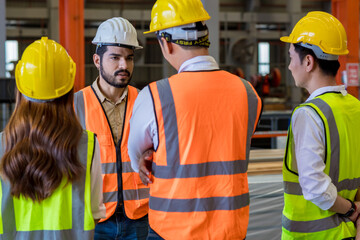 Team Foreman or Team worker work at factory site check up machine or products in site. Team Engineer or Team Technician checking Material or Machine on Plant. Heavy industry factory concept.