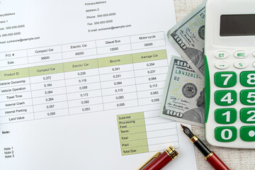 Fototapeta premium documents with graphs and diagrams and pen calculator us dollar on deks
