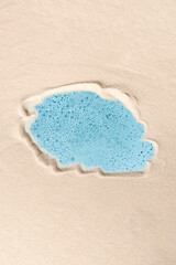 Beach sand frame with water inside. Summer holiday travel tour banner. Background for vacation promotion. Sandy seashore tourism concept.