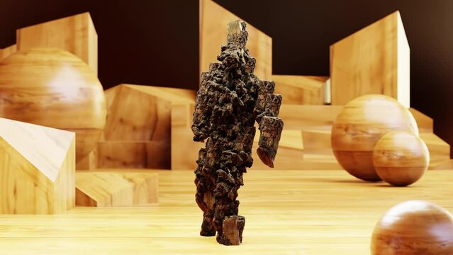 tree Monster Dancing clip isolated. Wooden character, shuffling dance, loop animation, 3d render