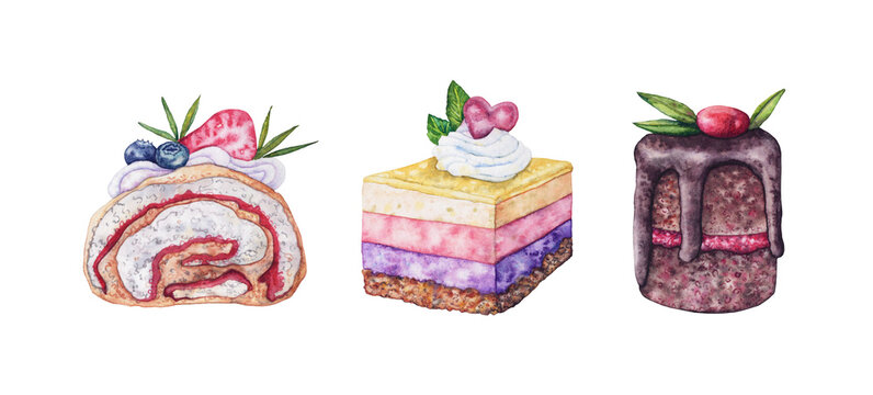 A set of watercolor desserts. Decorated cakes isolated on a white background