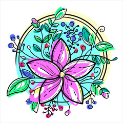 Colorful print with floral tune. Circle frame with 5 petal flower, leafs, burgeons, berries. Vector art with black line and bright color fill for fashion, textile or ceramics print, book design.