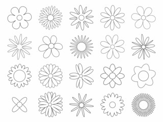 Set of floral elements on white background. Vector flowers black outline collection. Simple plant contour thin line icons set.