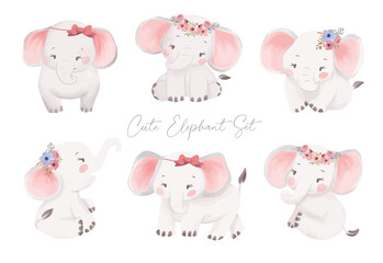Cute Little Baby Elephant watercolor with flower wreath hand drawing illustration. Safari animal set