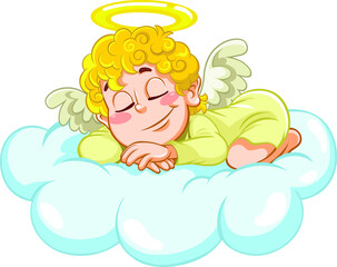 Angel Baby sleeping. Vector illustration of a cartoon baby angel sleeping on the cloud.