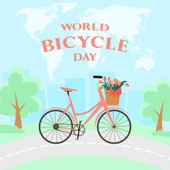 World Bicycle Day. Bicycle on the background of nature and the city. Holiday concept.