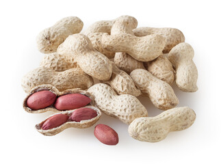 Heap of raw peanuts isolated on white background with clipping path