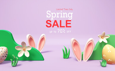 Spring sale message with rabbit ears and Easter eggs - 3D render