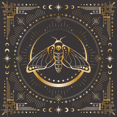 Vector mystic outline butterfly with a skull. Celestial square backgound with a golden insect and frame with stars, moon phases, crescents, arrows. Ornate shiny magical linear moth