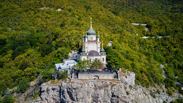 Crimea. Foros. The Church of the Ascension of Christ on the top of a steep cliff. Shooting from a drone.