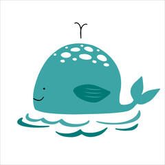 Cute smiling whale hand drawn in doodle style. Vector illustration