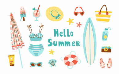 Fototapeta premium Vector summer beach set including swimsuit, sun hat, umbrella etc. Summer vacation related elements on white background. Trendy retro style.