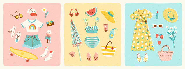 Set of summer outfits in trendy retro style. Romantic dress, skater girl's T shirt and shorts, swimsuit and beach accessories. Vector illustration of summertime women's fashion.