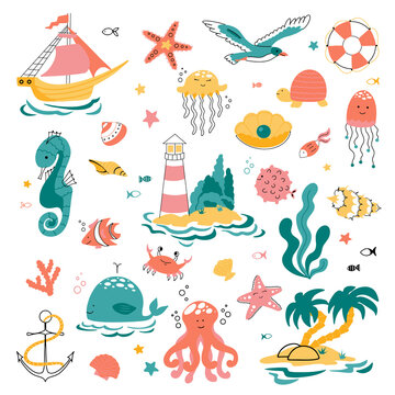 Large set on the theme of the sea, ocean and marine life in the cute style of doodles. Vector illustration for children. © Zhuravleva Katia