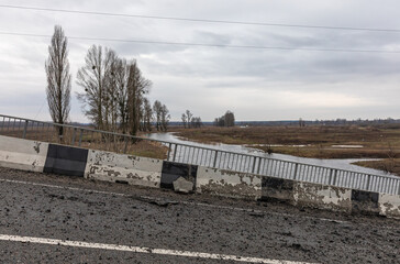 War in Ukraine. Blown up bridge in Borodyanka
