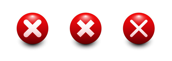 Set of red icons Cancel. 3d Cross icon. White icons on red round 3d buttons. Vector clipart isolated on white background.	