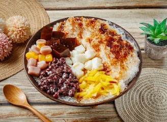 Brown Sugar Ice Cream in a dish side view on wooden table taiwan food
