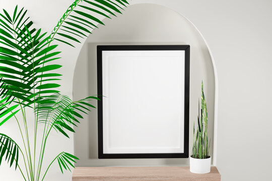 Portrait frame mockup with palm on white wall. 3d render