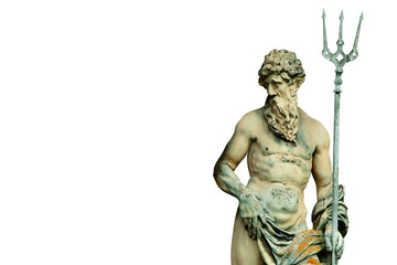 The ancient statue of god of seas and oceans Neptune (Poseidon). Isoalted on white backgrouund. Copy space for design.