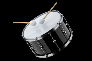 Realistic drum and wooden drum sticks on black. 3d render of musical instrument