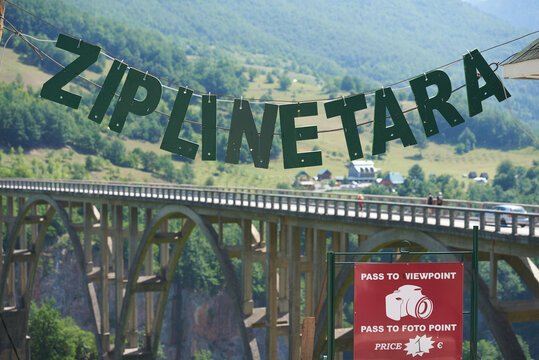 Zip line sign over the Tara River near the bridge in Montenegro