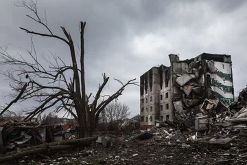 Fotobehang War in Ukraine. Ruined houses of Borodianka, Ukraine © misu