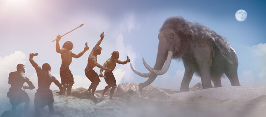 caveman tribe people's and mammoth render 3d  - obrazy, fototapety, plakaty