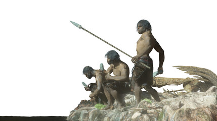 caveman tribe people's render 3d on white background - obrazy, fototapety, plakaty