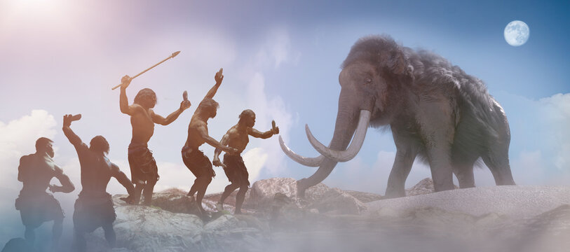 caveman tribe people's and mammoth render 3d 