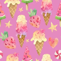 Foto auf Glas Watercolor illustration. Seamless pattern. Sweet food. Ice cream. Pink background. ©  OllyKo