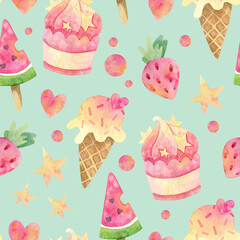 Watercolor illustration. Seamless pattern. Sweet food. Ice cream. Green background.
