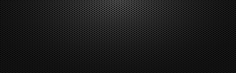 Fototapeta Black metal background. Perforated dark texture with light. Carbon sheet with holes. Abstract steel wallpaper wide. Modern composite material. Vector illustration obraz