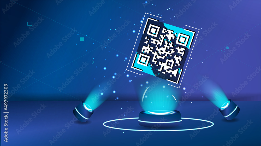 Poster the concept of qr code verification. the mobile phone reads the qr code. the concept of digital tech