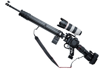 Sniper Rifle shaped camera equipment arrangement illustrating modern media warfare using...