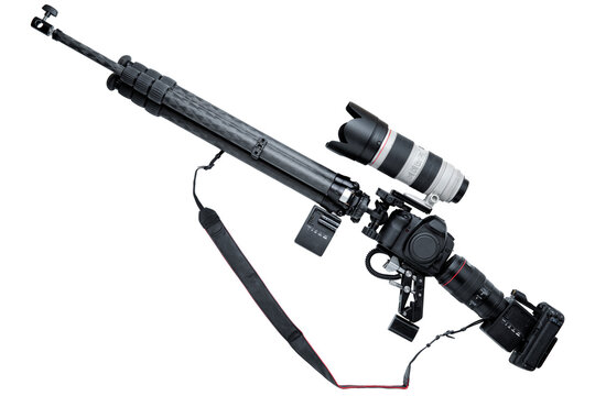 Sniper Rifle shaped camera equipment arrangement illustrating modern media warfare using photography for fighting the enemy