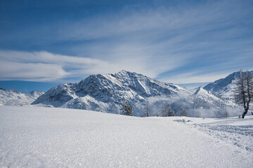 Fototapeta na wymiar Beautiful panorama shot in Montgenevre, French Alpine Resort, France during Winter