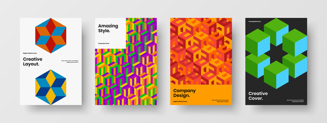 Vivid geometric shapes postcard illustration set. Premium handbill A4 design vector template bundle.