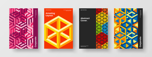 Modern company cover A4 vector design layout collection. Bright geometric pattern booklet concept set.