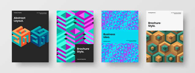 Isolated booklet A4 vector design concept set. Bright mosaic tiles corporate identity template composition.